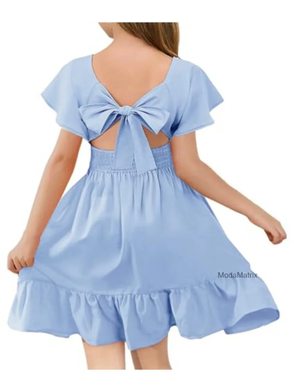 Girls Ruffle Short Sleeve Tie Back A-line Dress Square Neck Smocked Waist